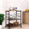 Modern Industrial Black Metal Brown Wood Kitchen Baker's Rack Microwave Cart