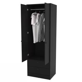 Black 2-Door Bedroom Armoire Wardrobe Cabinet with Hanging Rod and 2-Drawers