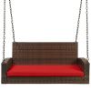 Brown Wicker Hanging Patio Porch Swing Bench w/ Mounting Chains and Red Seat Cushion