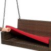 Brown Wicker Hanging Patio Porch Swing Bench w/ Mounting Chains and Red Seat Cushion