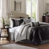 Queen Size 7 Piece Bed In A Bag Comforter Set Faux Silk Black Gray Stripes