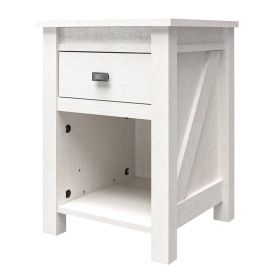 Farmhouse 1-Drawer Bedroom Nightstand with Open Shelf in Rustic Off-White Oak