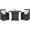 3-Piece Patio Furniture Outdoor Dining Set Brown PE Rattan Navy Blue Cushions