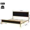 Queen size Gold Metal Platform Bed Frame with Black Velvet Upholstered Headboard