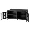 Black Wood Entertainment Center TV Stand with Glass Panel Doors