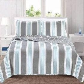 Full/Queen 3 Piece Coastal Starfish Sand Dollar Grey Blue White Quilt Set