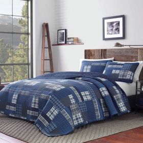 Full/Queen size 100-Percent Cotton Reversible 3 Piece Blue Patchwork Quilt Set