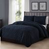 Full Queen 3-Piece Navy Blue Polyester Microfiber Reversible Diamond Quilt Set