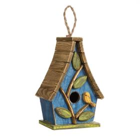 Farmhouse Solid Wood Hanging Birdhouse in Blue Green Yellow Brown