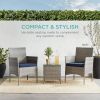 3-Piece Grey PE Wicker Outdoor Patio Furniture Dining Set w/ Navy Blue Cushions