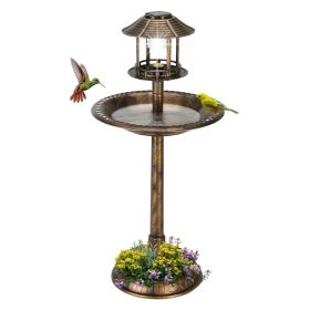 Outdoor Garden Birdbath in Bronze Finish with Solar Light