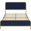 King Gold Metal Platform Bed Frame with Navy Blue Velvet Upholstered Headboard