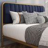 King Gold Metal Platform Bed Frame with Navy Blue Velvet Upholstered Headboard