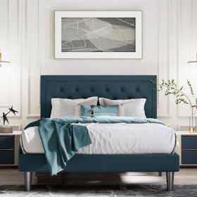 King Adjustable Height Platform Bed Frame with Blue Upholstered Headboard