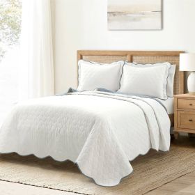 King/Cal King White Blue Scalloped Edge Reversible Thin Light Quilt Set