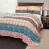 King size Cotton 3 Piece Reversible Teal Orange Bohemian Stripe Quilt Set