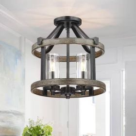 Round 4-Light 12.5-inch Metal Wood Farmhouse Ceiling Lamp - Semi-Flush Mount