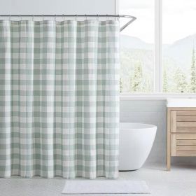 72-inch 100-Percent Cotton Fabric Shower Curtain with Green White Plaid Pattern