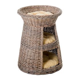 Eco Friendly 3 Tier Round Rattan Wicker Elevated Cat Condo Bed Beige