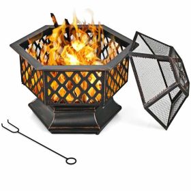 Portable Hex Shaped Wood Burning Fire Pit with Cover and Poker