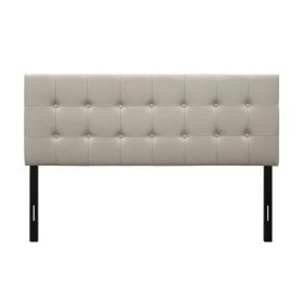 Queen Button-Tufted Headboard in Light Grey Beige Taupe Upholstered Fabric