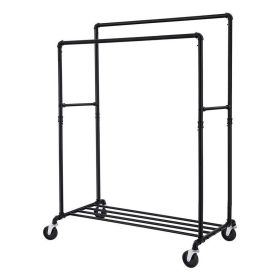 Heavy Duty Rustic Pipe Black Double-Rail Clothes Garment Rack w/ Locking Wheels