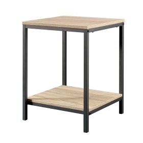 Modern Black Metal Frame End Table with Oak Finish Wood Top and Bottom Shelf