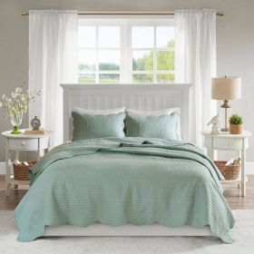 King Size 3 Piece Reversible Scalloped Edges Microfiber Quilt Set in Seafoam