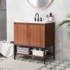 Modern Walnut Wood Finish Bathroom Vanity with White Sink