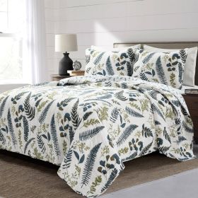 Full/Queen Reversible Cotton Lightweight Floral Fern 3 Piece Quilt Set