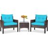 3-Piece Brown PE Rattan Outdoor Patio Furniture Dining Set w/ Turquoise Cushions