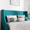 Queen Size Turquoise Linen Blend Upholstered Platform Bed with Wingback Headboard