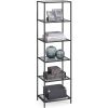 Narrow Glass Shelves Bookcase 5-Shelf Shelving Unit with Black Grey Metal Frame