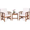 3-Piece Solid Wood Outdoor Patio Furniture Table Chairs Set with White Cushions