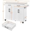 White Kitchen Cart Island with Stainless Steel Top 2 Drawers and Cabinet