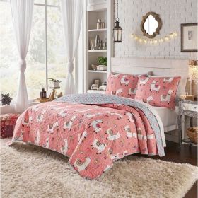 King Size Pink Blue Reversible Floral Llama 100-Percent Cotton Quilt Set