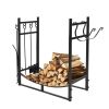 Black Metal Firewood Holder Log Rack with Poker Shovel Tongs and Broom